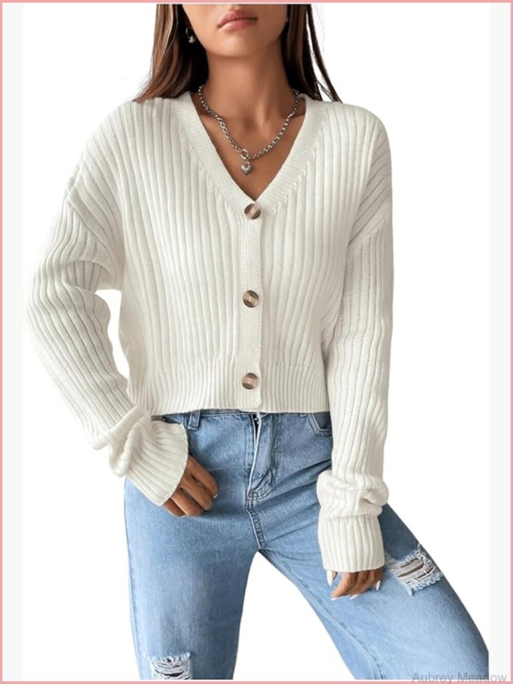 Ribbed Knit V Neck Button Down Long Sleeve Drop Shoulder Cardigan Sweater